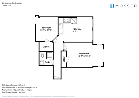 Floor plan for 1 bed, 1 bath, 555 sqft